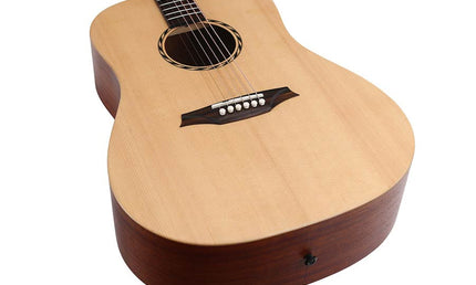 lefthanded dreadnought guitar, solid spruce top, mahogany b&s, amara ebony fb, natural-plastic free