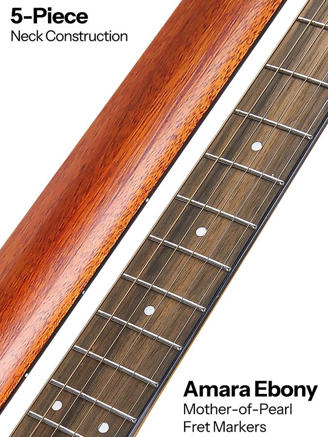 lefthanded dreadnought guitar, solid spruce top, mahogany b&s, amara ebony fb, natural-plastic free
