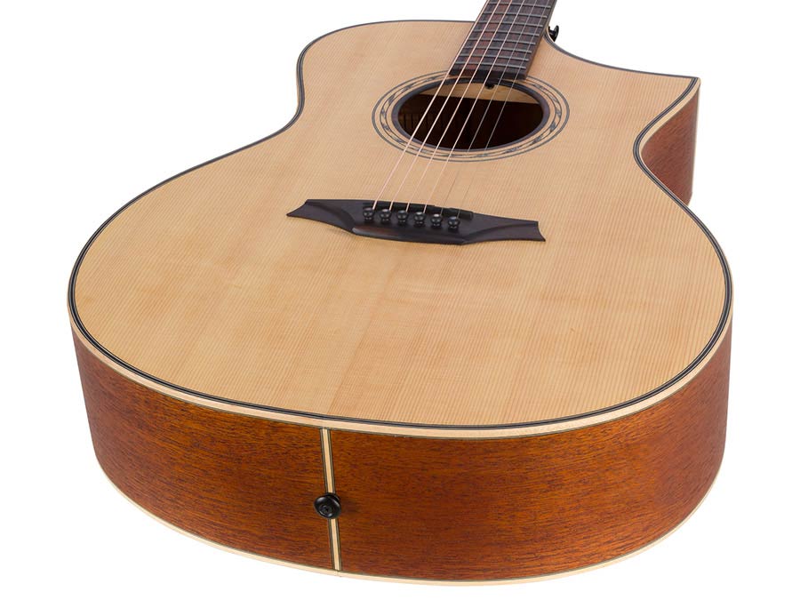 Hillside auditorium guitar with solid spruce top, mahogany b&s, cutaway, amara ebony fb, natural