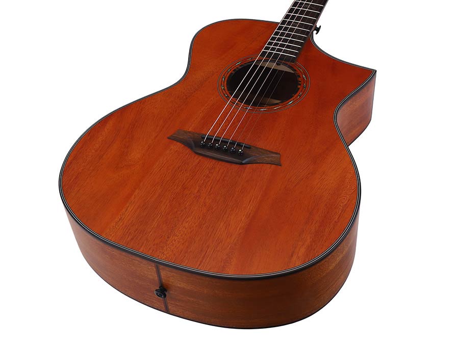 Hillside auditorium guitar with solid mahogany top, mahogany b&s, cutaway, amara ebony fb, natural