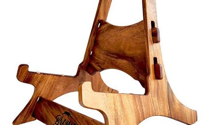 solid Trembesi wooden guitar stand, with cork supports (large logo at front of the stand)