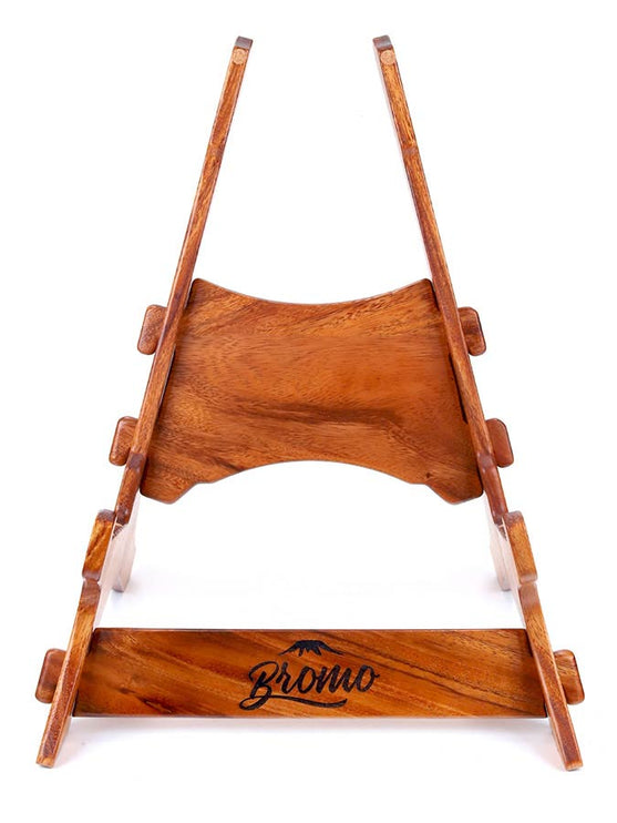 solid Trembesi wooden guitar stand, with cork supports (large logo at front of the stand)