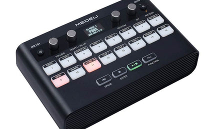 rhythm machine, 16 touch sensitive pads, OLED display, USB-C or battery powered