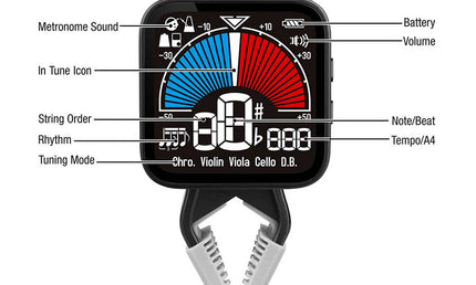 chromatic clip tuner (also violin, viola, cello, double bass), metronome and tone generator