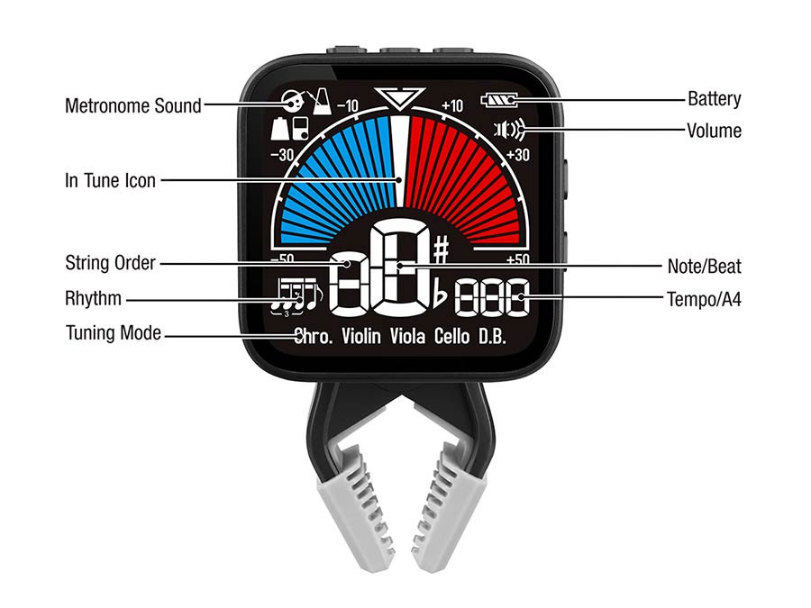 chromatic clip tuner (also violin, viola, cello, double bass), metronome and tone generator