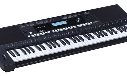 keyboard, 61 touch sensitive keys, backlit LCD, pitch-bend,  2 x 15 watt