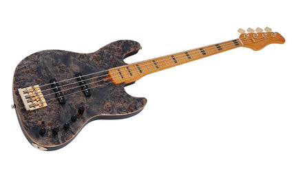 swamp ash + poplar burl 4-string active bass guitar, transparent black satin, incl. gigbag