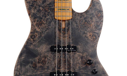 swamp ash + poplar burl 4-string active bass guitar, transparent black satin, incl. gigbag