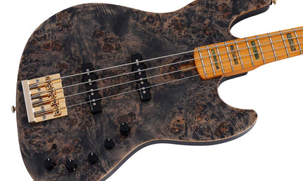 swamp ash + poplar burl 4-string active bass guitar, transparent black satin, incl. gigbag