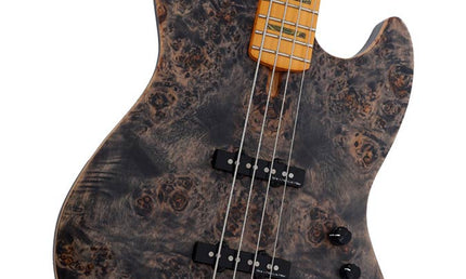 swamp ash + poplar burl 4-string active bass guitar, transparent black satin, incl. gigbag