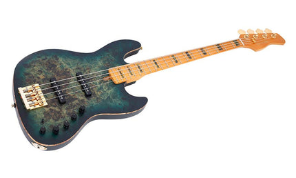 swamp ash + poplar burl 4-string active bass guitar, transparent green satin, incl. gigbag