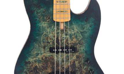 swamp ash + poplar burl 4-string active bass guitar, transparent green satin, incl. gigbag