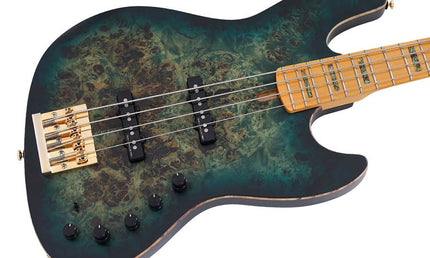 swamp ash + poplar burl 4-string active bass guitar, transparent green satin, incl. gigbag