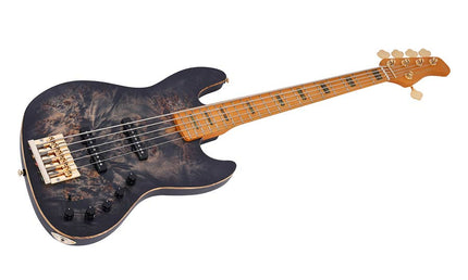 swamp ash + poplar burl 5-string active bass guitar, transparent black satin, incl. gigbag