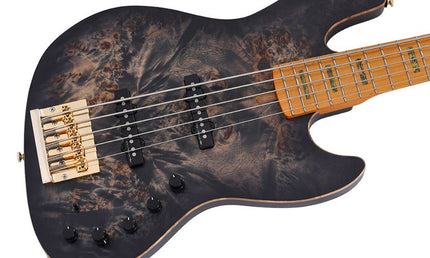 swamp ash + poplar burl 5-string active bass guitar, transparent black satin, incl. gigbag