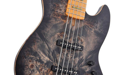 swamp ash + poplar burl 5-string active bass guitar, transparent black satin, incl. gigbag