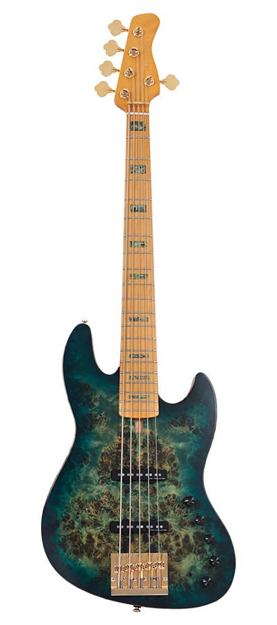 Sire Basses - V10 5/TGRS - swamp ash + poplar burl 5-string active bass guitar, transparent green satin, incl – Transparent Green