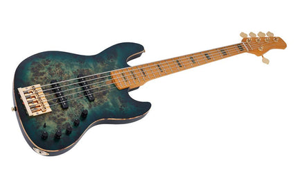 swamp ash + poplar burl 5-string active bass guitar, transparent green satin, incl. gigbag