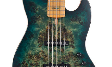 swamp ash + poplar burl 5-string active bass guitar, transparent green satin, incl. gigbag