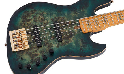 swamp ash + poplar burl 5-string active bass guitar, transparent green satin, incl. gigbag