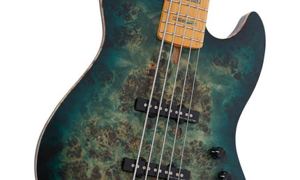 swamp ash + poplar burl 5-string active bass guitar, transparent green satin, incl. gigbag