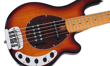 mahogany 5-string active bass guitar, 3 tone sunburst