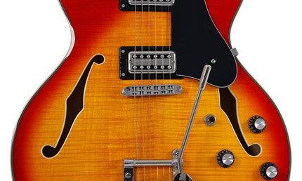 electric archtop guitar with tremolo, cherry sunburst