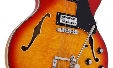 electric archtop guitar with tremolo, cherry sunburst