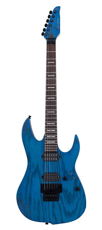 mahogany + ash electric guitar, transparent blue satin