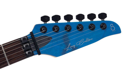 mahogany + ash electric guitar, transparent blue satin