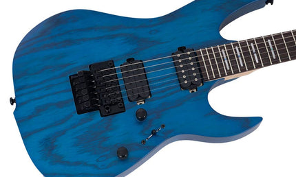 mahogany + ash electric guitar, transparent blue satin