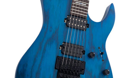 mahogany + ash electric guitar, transparent blue satin