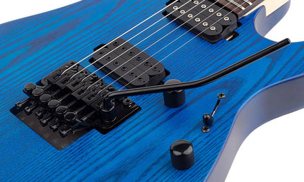 mahogany + ash electric guitar, transparent blue satin