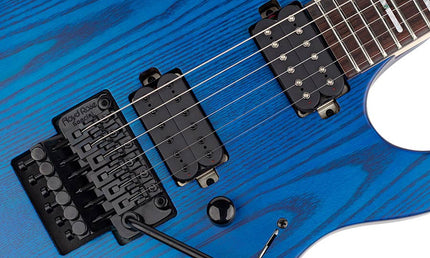 mahogany + ash electric guitar, transparent blue satin