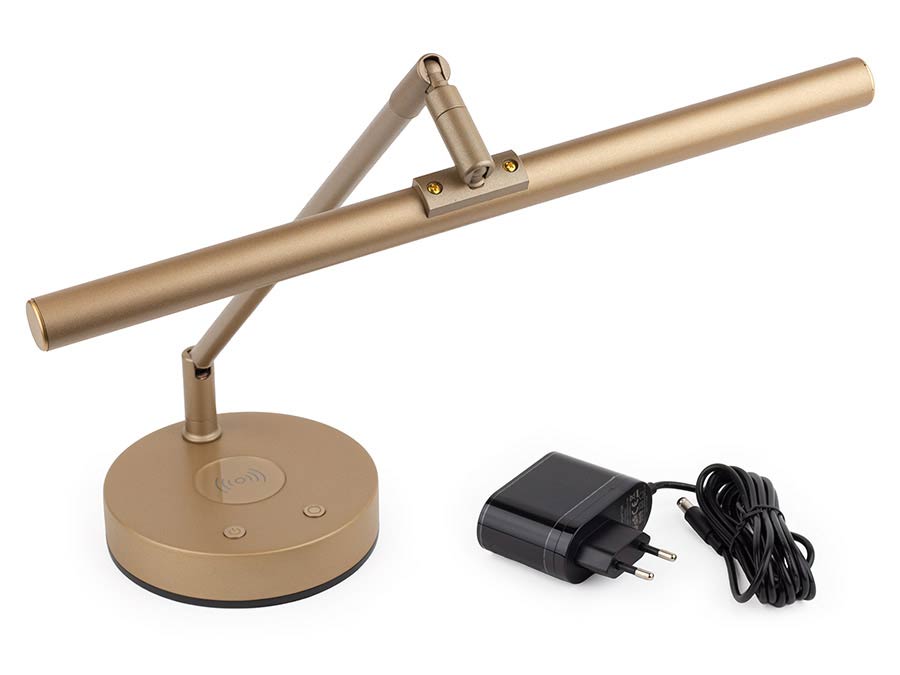 piano LED lamp T-shape with wireless charger in lamp base, brass aluminium housing, incl. PSU