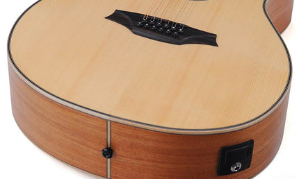 12-string auditorium guitar, solid spruce top, mahogany b&s, cutaway+EQ, amara ebony fb, gigbag