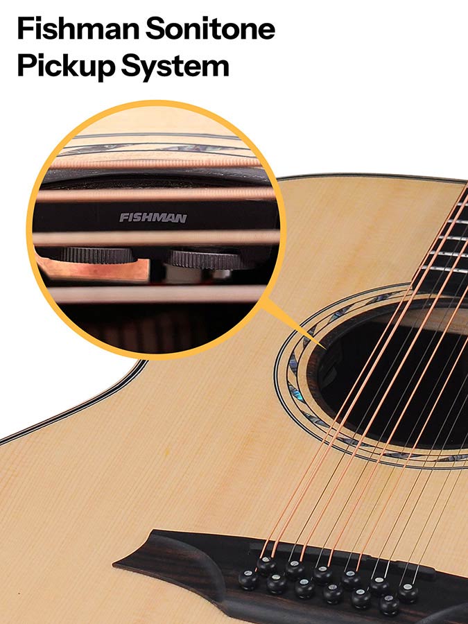12-string auditorium guitar, solid spruce top, mahogany b&s, cutaway+EQ, amara ebony fb, gigbag