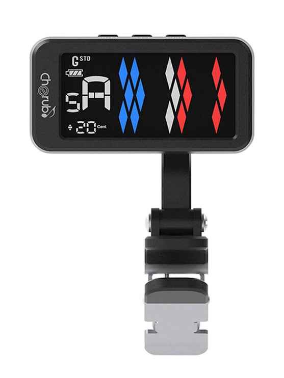 chromatic clip tuner, with multi color display, standard and compensated tuning, Li-ion battery