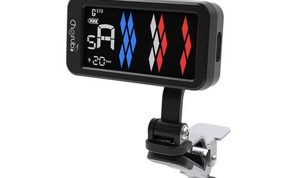 chromatic clip tuner, with multi color display, standard and compensated tuning, Li-ion battery