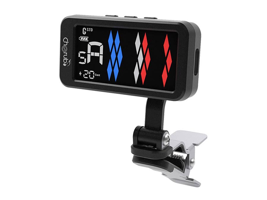 chromatic clip tuner, with multi color display, standard and compensated tuning, Li-ion battery