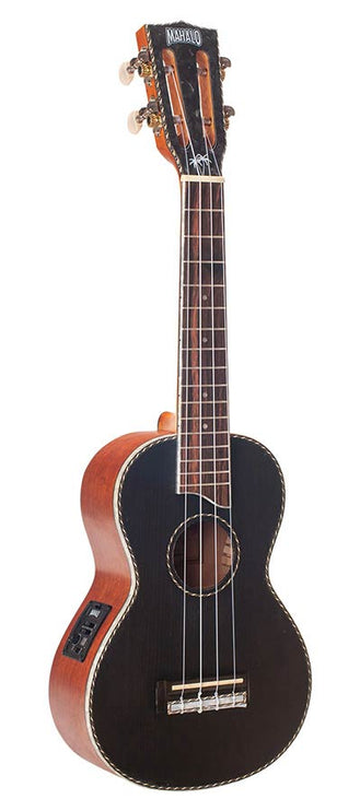 solid top concert ukulele, with MEQ2 9v preamp, black, with bag