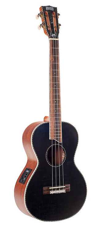 solid top baritone ukulele, with MEQ2 9v preamp, black, with bag