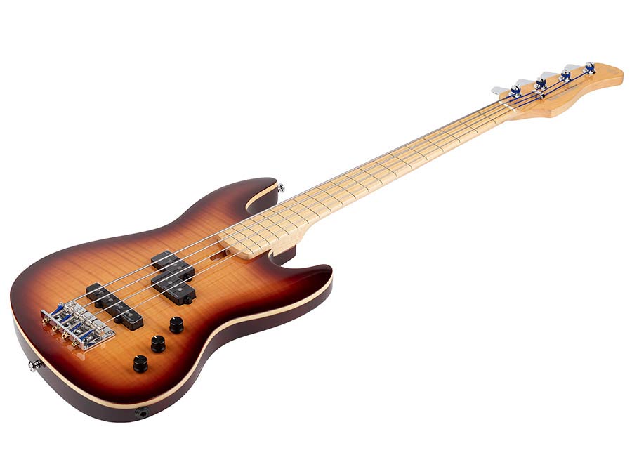 Sire Basses - U5 A4f/ts - Fretless Alder with Flamed Maple Top 4- String Short Scale Passive Bass Guitar – Tobacco Sunburst