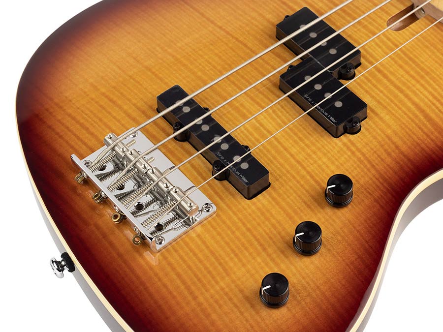 Sire Basses - U5 A4f/ts - Fretless Alder with Flamed Maple Top 4- String Short Scale Passive Bass Guitar – Tobacco Sunburst
