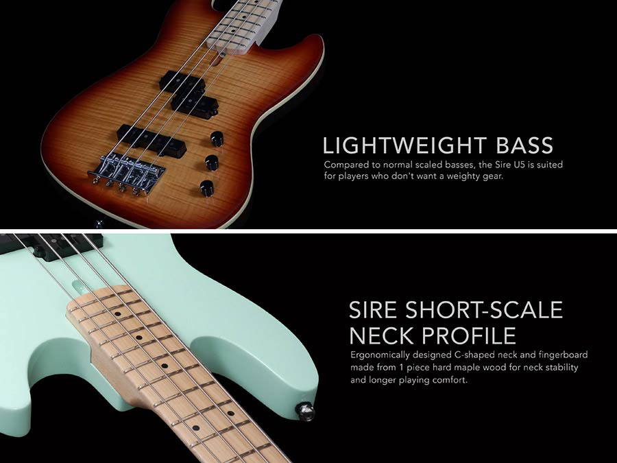 Sire Basses - U5 A4f/ts - Fretless Alder with Flamed Maple Top 4- String Short Scale Passive Bass Guitar – Tobacco Sunburst