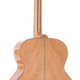 jumbo guitar with solid spruce top, maple b&s, amara ebony fb, with deluxe gigbag and wooden stand
