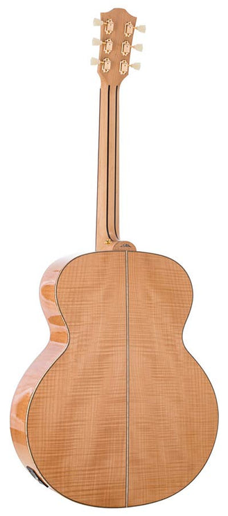 jumbo guitar with solid spruce top, maple b&s, amara ebony fb, with deluxe gigbag and wooden stand