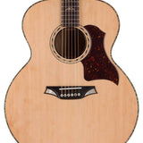 jumbo guitar with solid spruce top, maple b&s, amara ebony fb, with deluxe gigbag and wooden stand