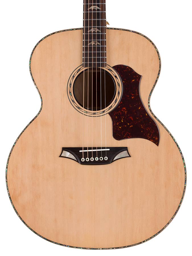 jumbo guitar with solid spruce top, maple b&s, amara ebony fb, with deluxe gigbag and wooden stand