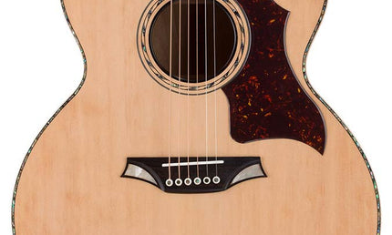 jumbo guitar with solid spruce top, maple b&s, amara ebony fb, with deluxe gigbag and wooden stand